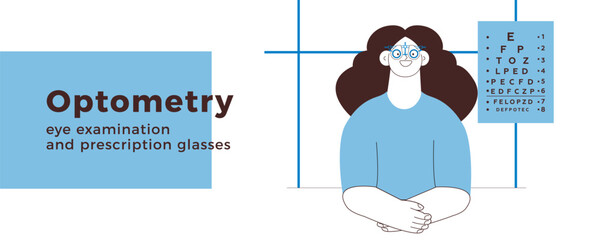 Optometry. Eye Test and Prescription Glasses. Female Patient Wear Adjustable Optical Trial Lens in Medical Office. Black and White Modern Flat Vector Illustration. Website Banner.