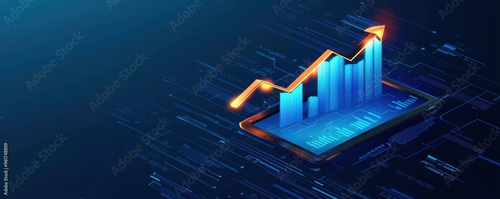 Poster blue background with glowing upward arrow and digital data chart representing financial growth and s
