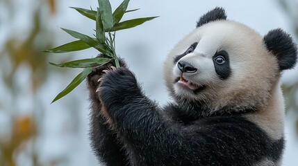Fototapeta premium A young panda happily clutches bamboo leaves while nibbling on them