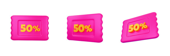 3D vector pink coupon in different angles with 50 percent off in simple layout, perfect for retail promotions and sales