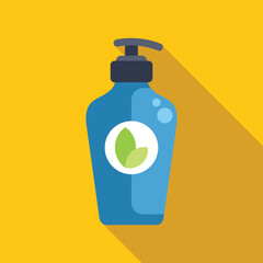 Blue plastic pump dispenser bottle containing natural liquid soap for washing hands, with green leaves symbol on yellow background