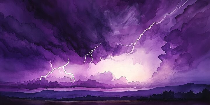 Vibrant purple stormy sky with lightning bolts and dark clouds rolling across the horizon.