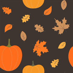 Autumn background with falling leaves and pumpkins, seamless autumn pattern with maple and oak leaves.