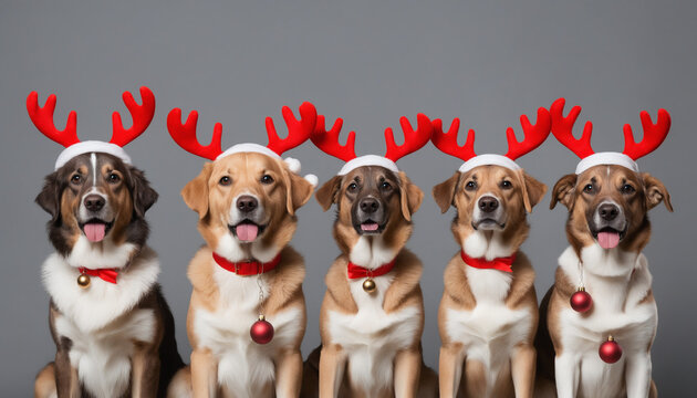 Banni&egrave;re chiens c&eacute;l&eacute;bration No&euml;l vacances chapeau p&egrave;re No&euml;l rouge chapeau cornes rennes cadeaux fond gris.