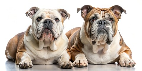 Obraz premium Two grizzled English bulldogs, one standing tall, one lounging prone, their gray-muzzled faces a testament to age,
