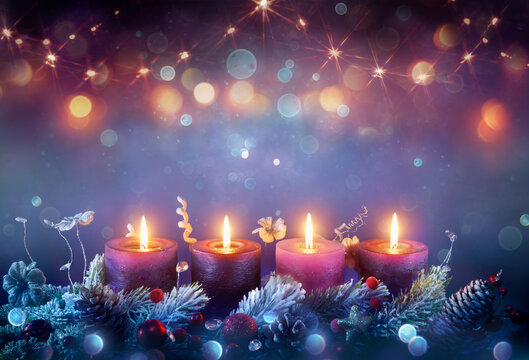 Advent Candles - Wreath Of Four Purple Candlelights With Glittering And Garland Of String Lights