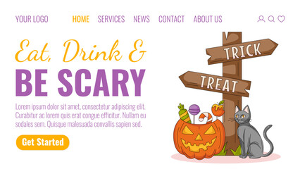 Halloween landing page vector template. Holiday flat illustration with cat, direction sign with text trick or treat, pumpkin, sweets. For website, web page, online, banner, party. Celebration concept