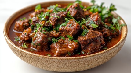 Tender beef simmered in a rich sauce, topped with vibrant herbs ready to delight