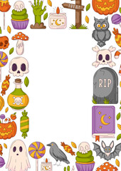 Fototapeta premium Halloween poster, vertical a4 vector background, space for text in the middle. Colorful scary icons border frame. Spooky ghost, skull and bones, bat, owl. For banner, invitation, party, planner