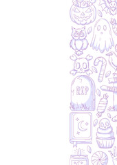 Halloween poster, vertical a4 vector background, space for text. Minimalist purple icons, right side border frame. Spooky ghost, spell book, skull and bones. For banner, invitation, party, planner