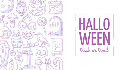 Halloween minimalist background, horizontal poster with spooky, scary icons. Flat vector illustration, monochrome purple side frame, space for text. For postcard, party, invitation, holiday, banner
