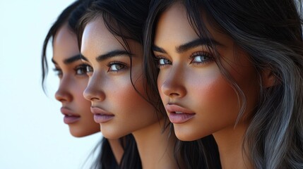 Three women pose closely together, highlighting their diverse beauty under warm sunlight