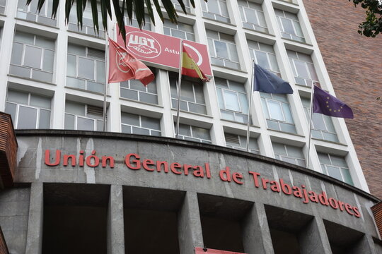 The regional territorial branch of the Uni&oacute;n General de Trabajadoras y Trabajadores (UGT) located at Plaza del General Ord&oacute;&ntilde;ez, Oviedo, Spain, defending workers' right