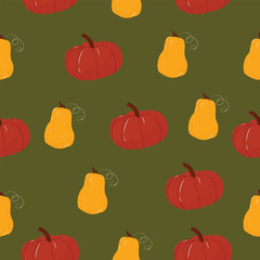 Seamless pattern with pumpkins on a green background. Autumn pattern. Perfect for product design, wallpaper, scrapbooking. EPS 10