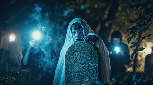 A young boy dressed as a ghost playfully hides behind a large gravestone in a misty graveyard while his friends search for him with flashlights