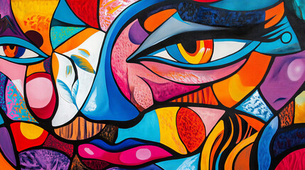 Obraz premium Vibrant Abstract Art with Dynamic Mythical Portraits and Bold Lines 