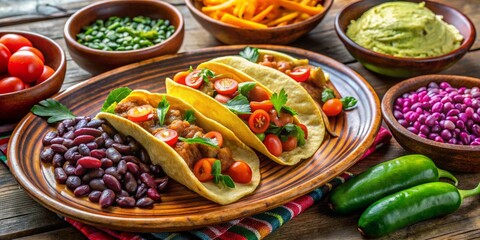 Fototapeta premium Vibrant hues dance on the plate as fresh veggies and beans mingle with crispy, golden baleadas in a