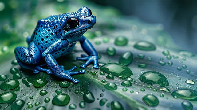 Blue poison dart frog on a leaf with water droplets, close-up macro photography. Nature and wildlife concept