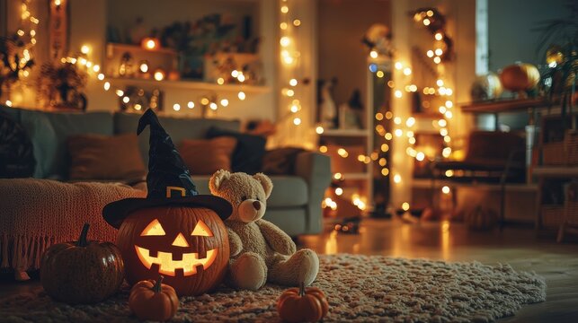 A cozy living room with Halloween decorations, including a glowing jack-o-lantern and a teddy bear wearing a witch hat, a diverse family gathers around sharing ghost stories