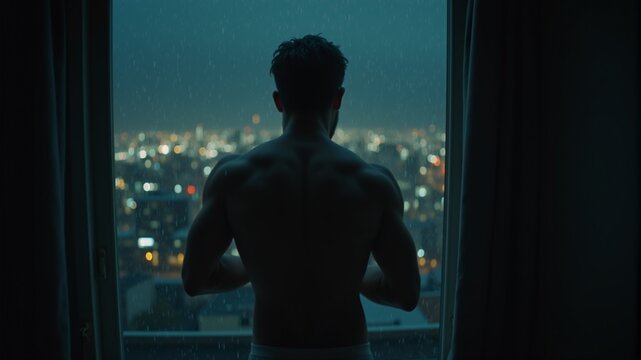 back view of a man looking out the window at the city at night