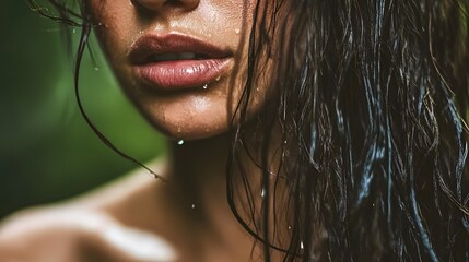 Closeup Portrait of a Woman with Wet Hair and Droplets of Water on Her Skin