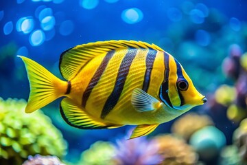 Vibrant yellow fish striped with black effortlessly paddles through the crystal-clear ocean, creating a stunning visual