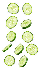 Cucumber slices floating in the air, 