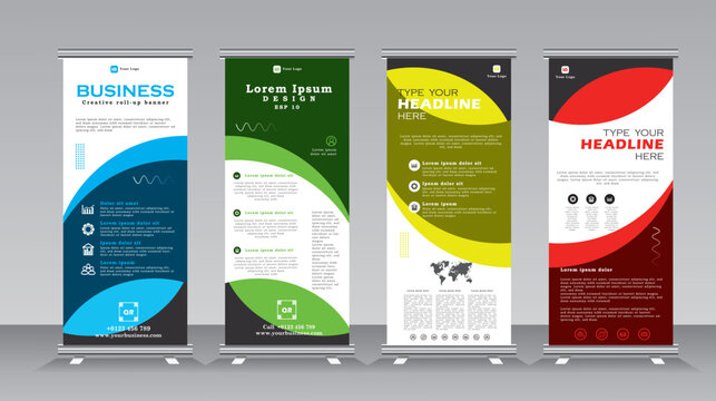 Roll up banner design tempalte set for business events, annual conferance, welcome, meetings, presentations, marketing, promotions, with blue, green, yellow, and red color, print ready vetical banner.