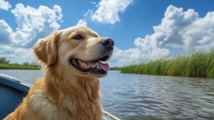 A golden retriever enjoys a serene boat ride on a sunny day by the water.