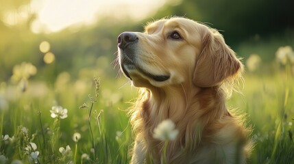 A golden retriever gazes thoughtfully in a sunlit field of flowers.