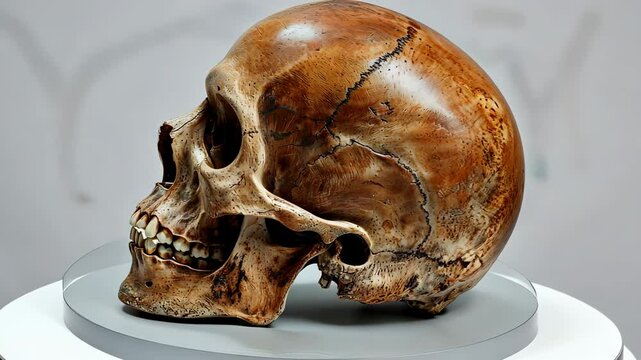 Detailed human skull on display stand, art and anatomy concept