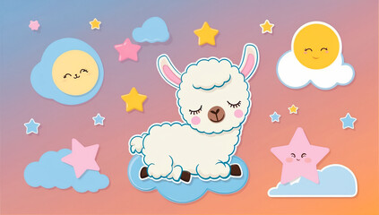 Little cartoon llama sleeping on a cloud, flat design illustration