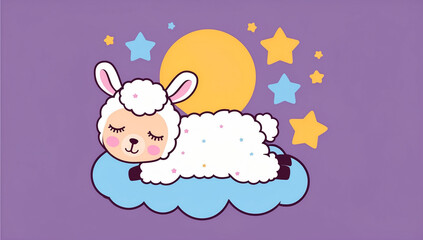 Little cartoon llama sleeping on a cloud, flat design illustration