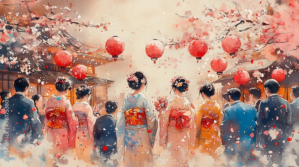 Wall mural Watercolor Painting of Japanese Women in Kimonos Under Cherry Blossoms.