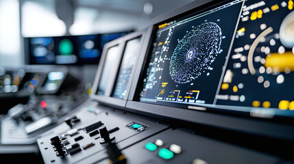 close-up of  an astronomy observatory&rsquo;s control panel, with a focus on digital displays and sophisticated technology