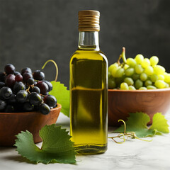 A bottle of grapeseed oil with a light green hue, surrounded by fresh grapes 