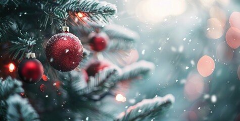 Christmas with a beautifully decorated tree adorned with red baubles and twinkling lights. Snow gently falls in the background, creating a festive and cozy atmosphere in stunning
