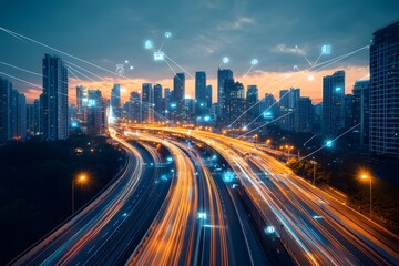 Cityscape at Night with Illuminated Highway and Digital Network Connections
