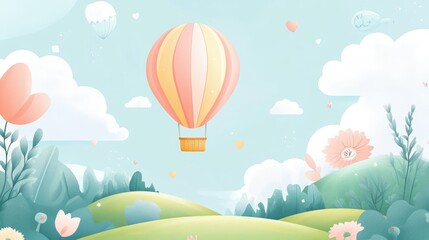 Vector art of a whimsical hot air balloon floating over a scenic landscape, with soft colors and playful elements