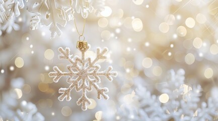 Golden snowflake ornaments hanging against a dreamy Christmas background, adorned with soft bokeh lights creating a warm, festive atmosphere. The blurred backdrop enhances the sparkle and magic scene