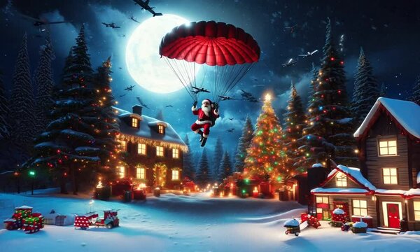 Santa Claus jumped with a parachute to land on planet earth on the Christmas Eve to meet children