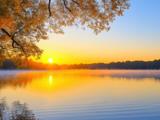 Obraz premium Serene sunrise illuminating the tranquil lake surrounded by autumn foliage at dawn
