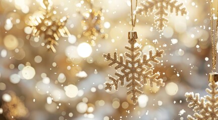 Golden snowflake ornaments hanging against a dreamy Christmas background, adorned with soft bokeh lights creating a warm, festive atmosphere. The blurred backdrop enhances the sparkle and magic scene