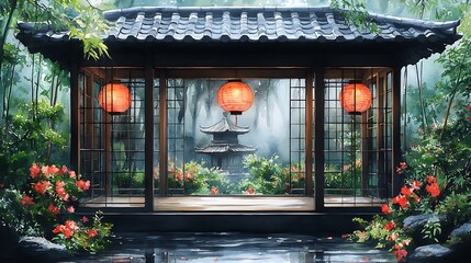 Traditional Japanese Garden with Pagoda and Red Lanterns.