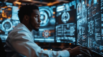 Man Working at High-Tech Cybersecurity Station