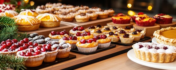 A festive display of various delicious holiday desserts, including cupcakes and tarts, beautifully arranged on a wooden table.