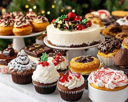 A festive display of assorted desserts including cupcakes, cakes, and chocolates, perfect for holiday celebrations.