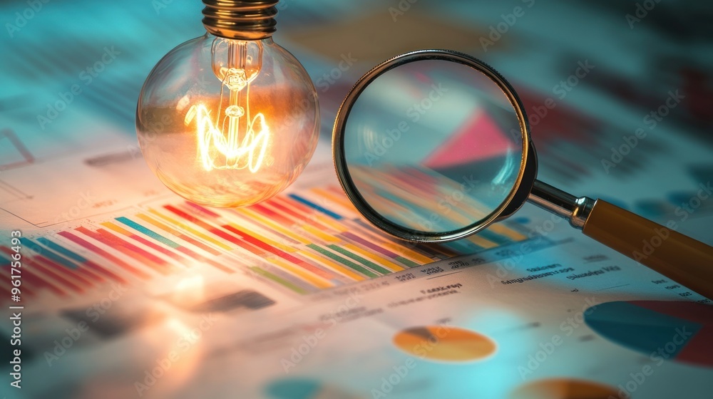 Poster illuminating insights: a lightbulb and magnifying glass on data charts