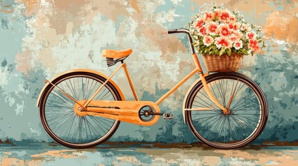 Vector image of a vintage bicycle with a basket full of flowers, set against a textured, retro-style background