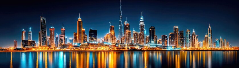 Obraz premium A stunning panoramic view of a vibrant city skyline at night, illuminated by colorful lights and reflected in calm waters.